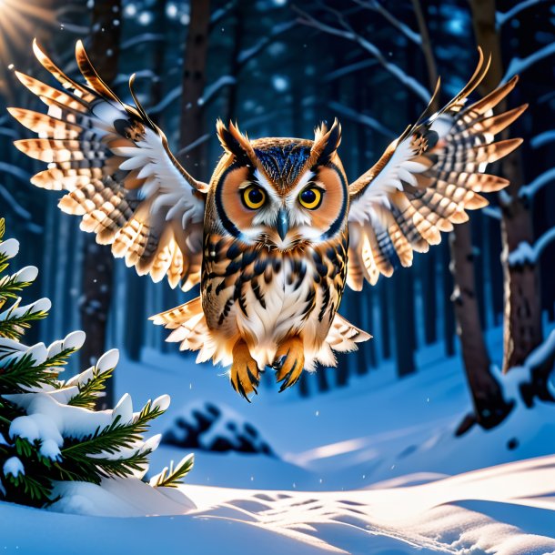 Pic of a jumping of a owl in the snow