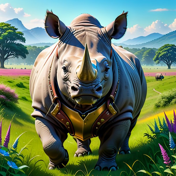 Illustration of a rhinoceros in a belt in the meadow