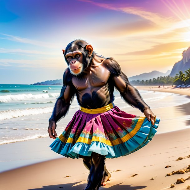 Imagem de um chimpanzé em uma saia na praia