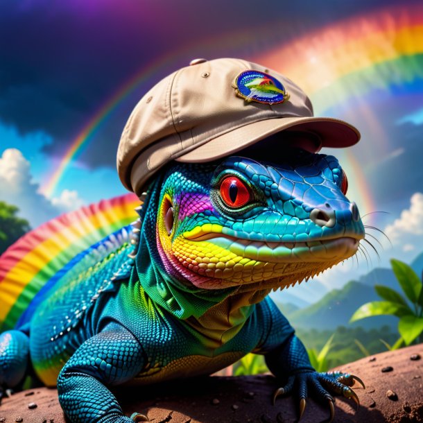 Foto de un lagarto monitor en una gorra en el arco iris