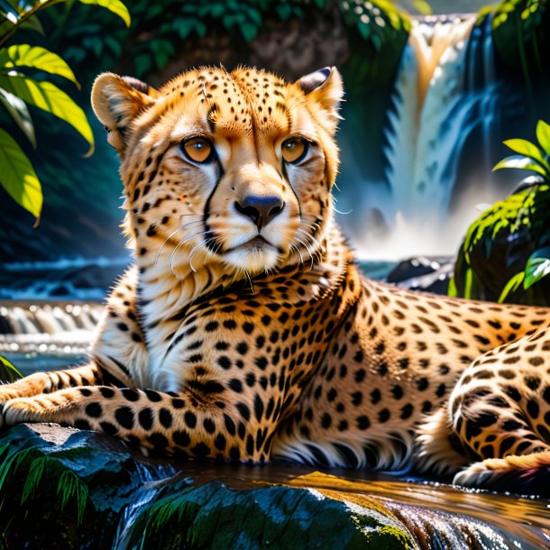 Photo of a resting of a cheetah in the waterfall