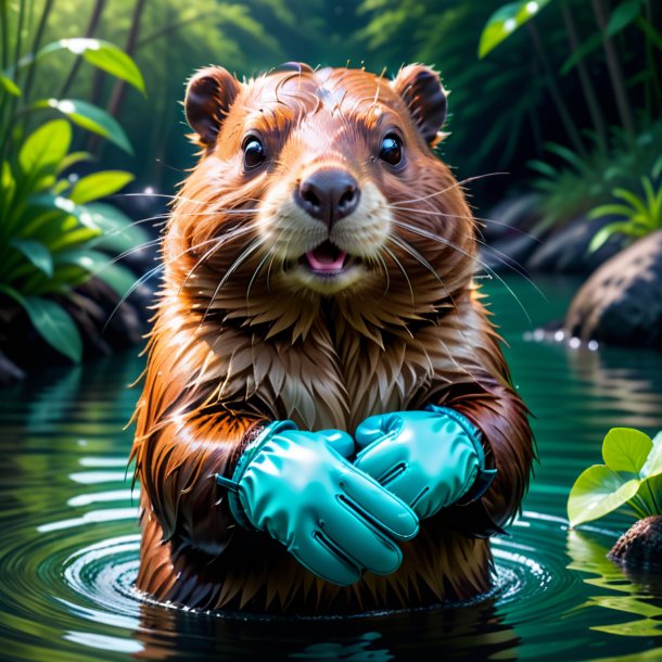 Picture of a beaver in a gloves in the water