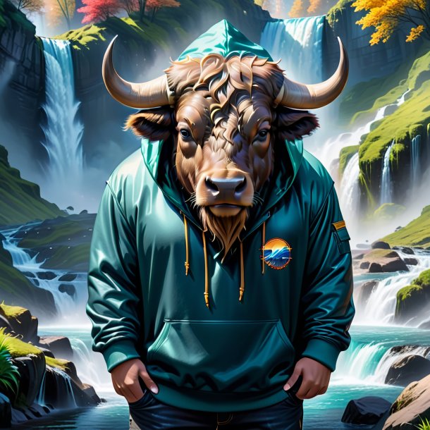 Drawing of a buffalo in a hoodie in the waterfall