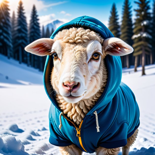 Image of a sheep in a hoodie in the snow