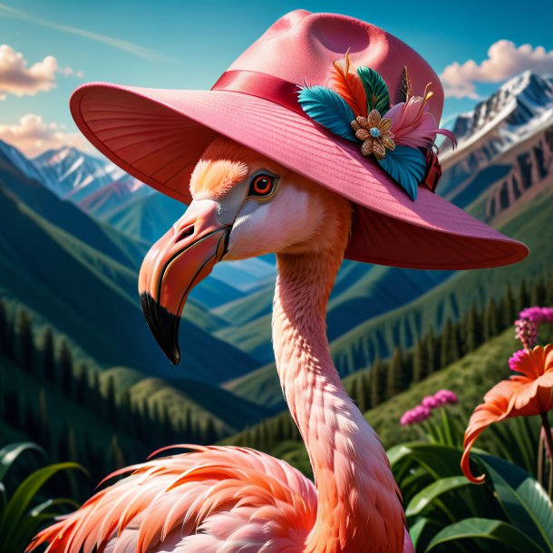 Pic of a flamingo in a hat in the mountains