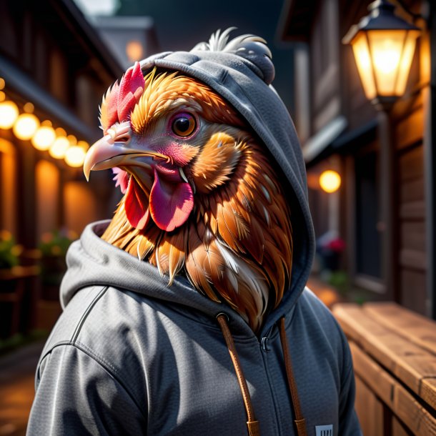 Pic of a hen in a gray hoodie