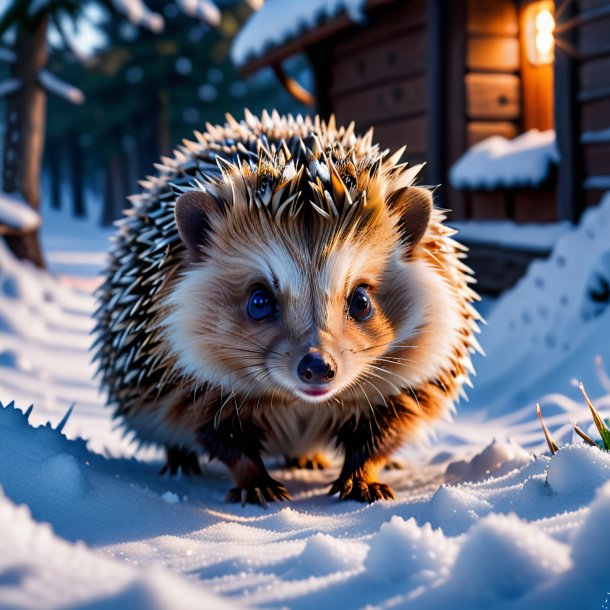 Photo of a threatening of a hedgehog in the snow