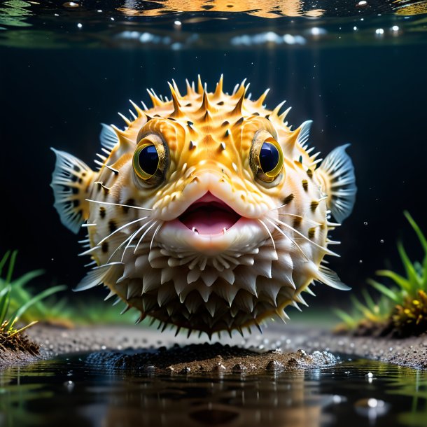 Image of a jumping of a pufferfish in the puddle