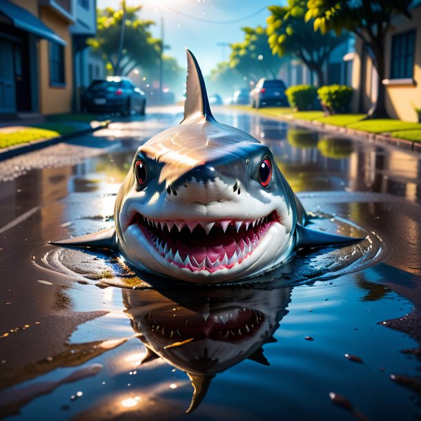 Image of a smiling of a shark in the puddle