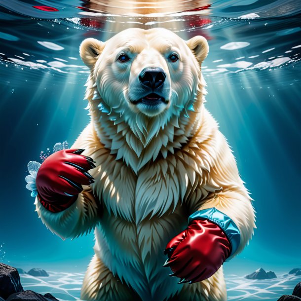 Illustration of a polar bear in a gloves in the water