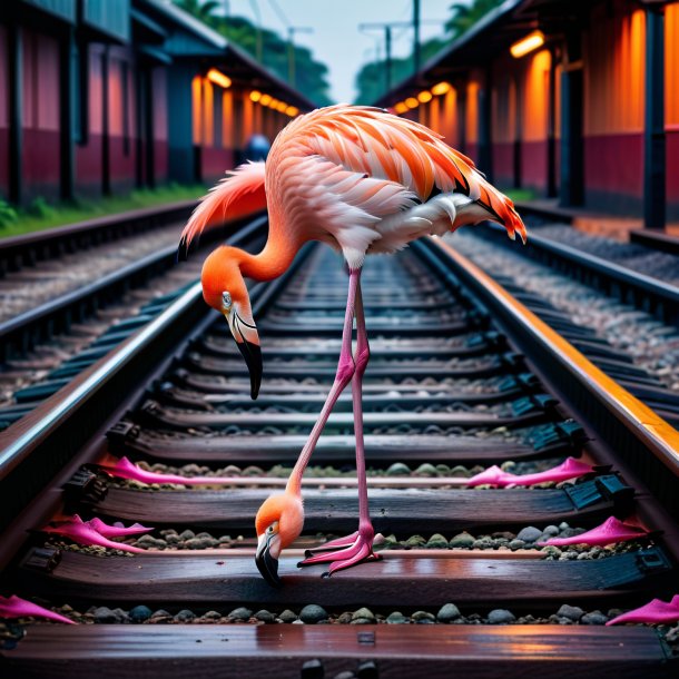 Photo of a waiting of a flamingo on the railway tracks