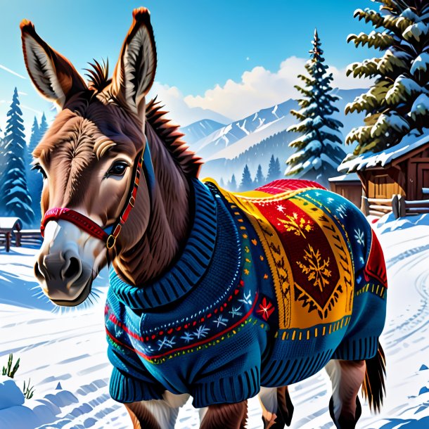 Illustration of a donkey in a sweater in the snow