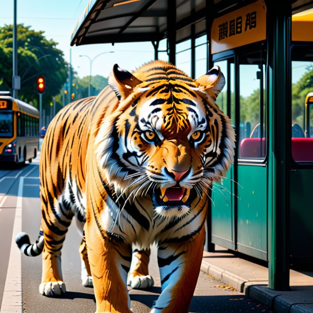 Pic d'une colère d'un tigre sur l'arrêt de bus