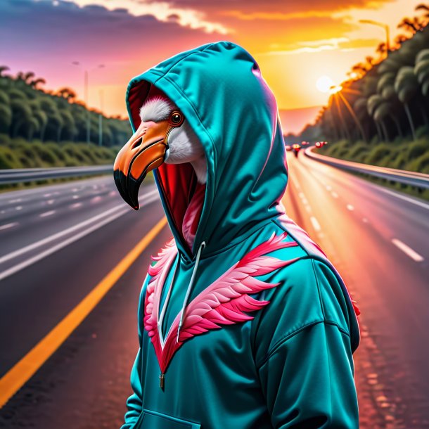 Photo of a flamingo in a hoodie on the highway