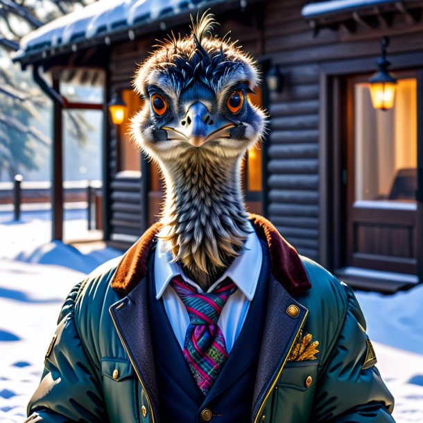 Pic of a emu in a jacket in the snow