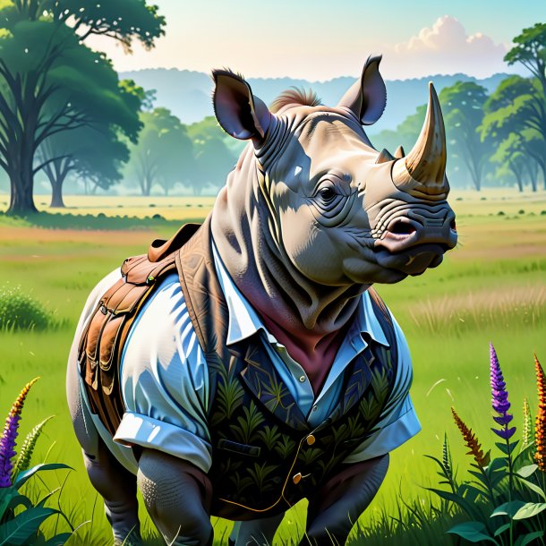 Illustration of a rhinoceros in a vest in the meadow