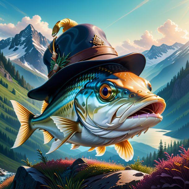 Illustration of a haddock in a hat in the mountains