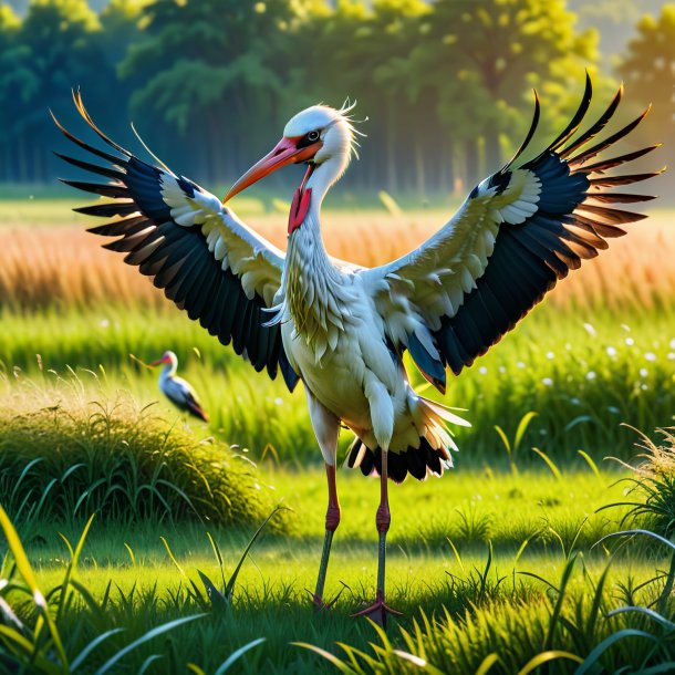 Image d'une colère d'une cigogne dans la prairie