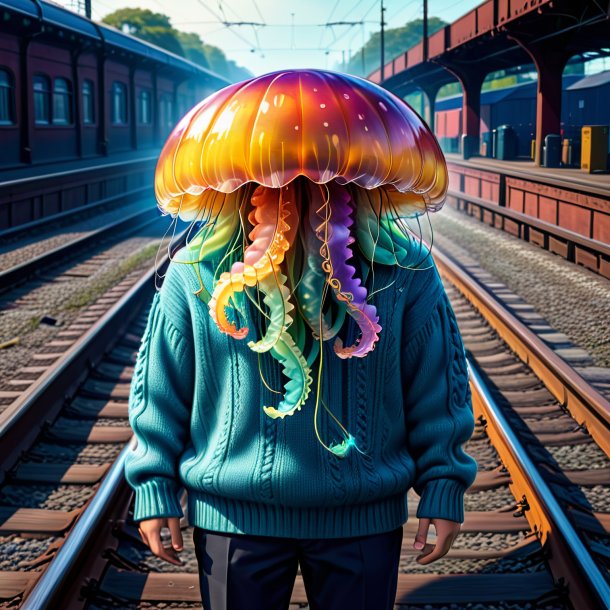 Illustration of a jellyfish in a sweater on the railway tracks