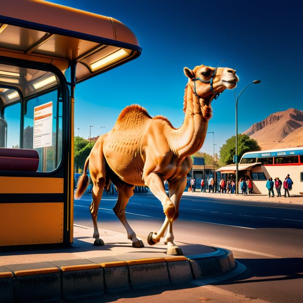 Photo of a jumping of a camel on the bus stop