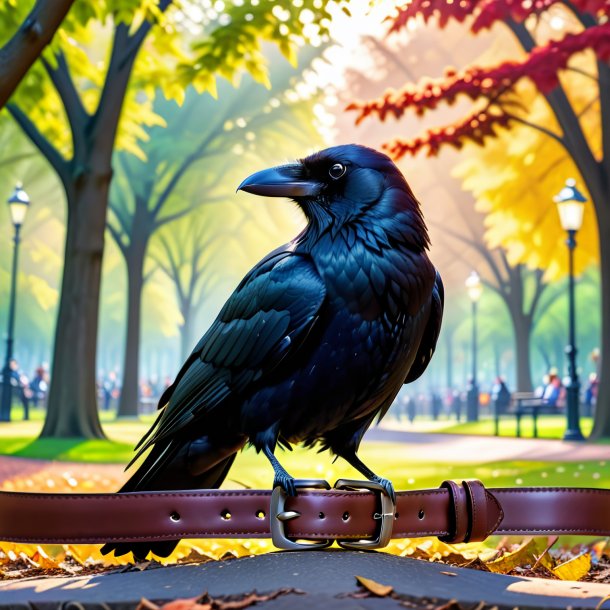 Photo of a crow in a belt in the park