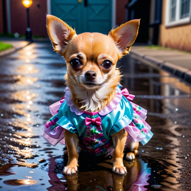 Foto de um chihuahua em um vestido na poça