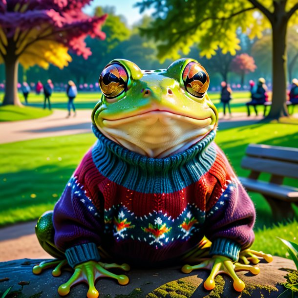 Picture of a frog in a sweater in the park