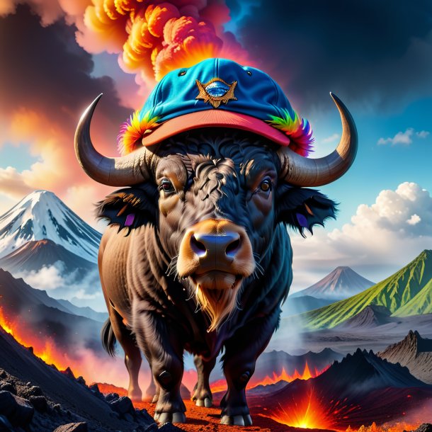 Image of a buffalo in a cap in the volcano