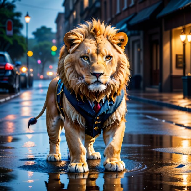 Picture of a lion in a vest in the puddle