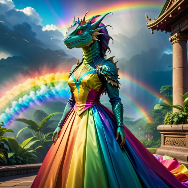 Foto de un basilisco en un vestido en el arco iris