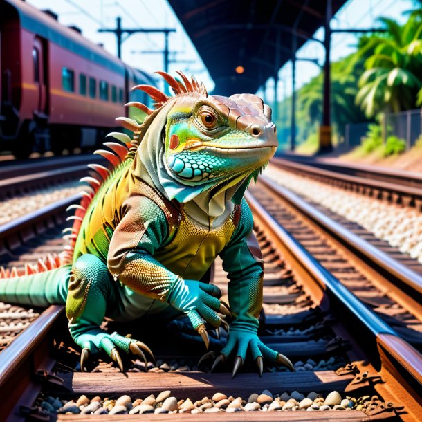 Photo of a iguana in a gloves on the railway tracks