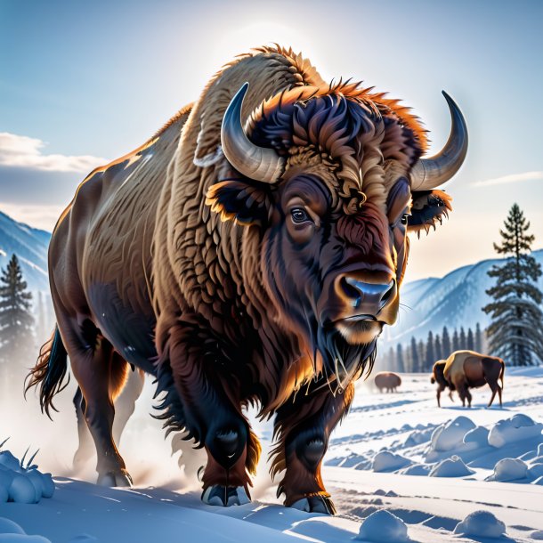 Photo of a threatening of a bison in the snow