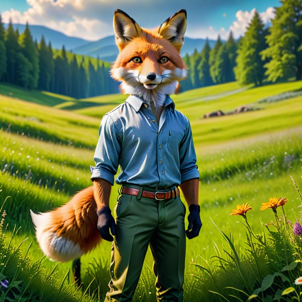 Image of a fox in a trousers in the meadow