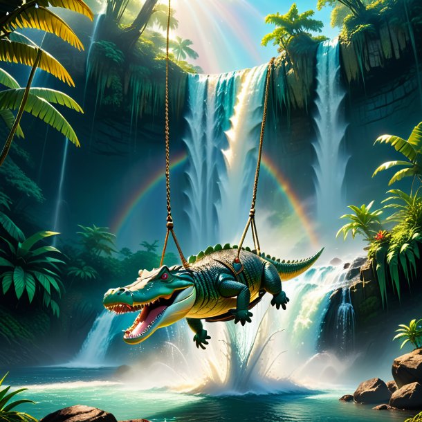 Pic of a swinging on a swing of a crocodile in the waterfall