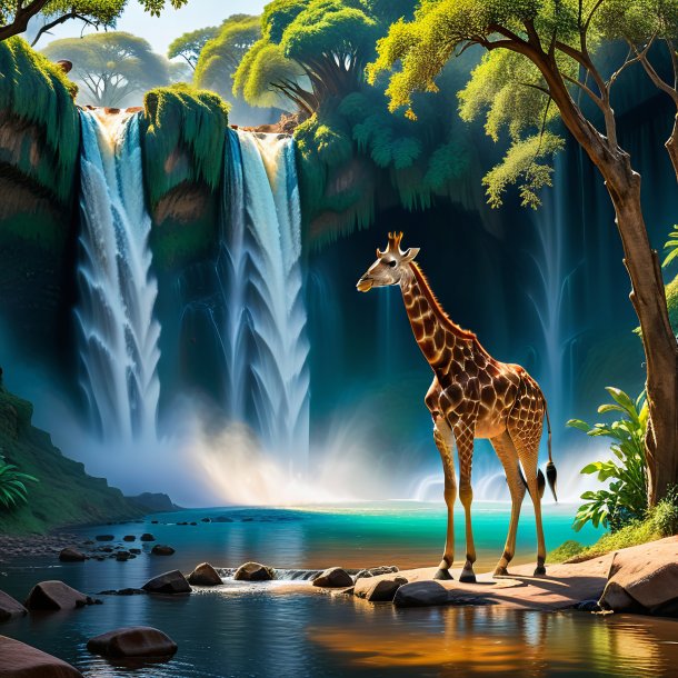 Image of a waiting of a giraffe in the waterfall