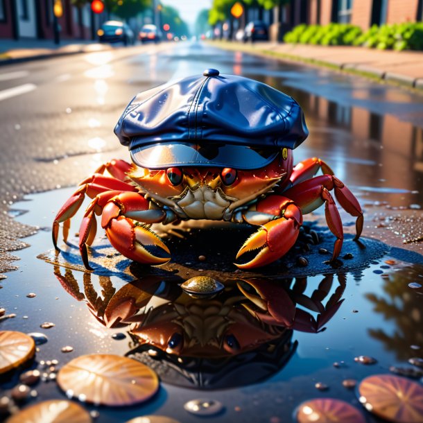 Picture of a crab in a cap in the puddle