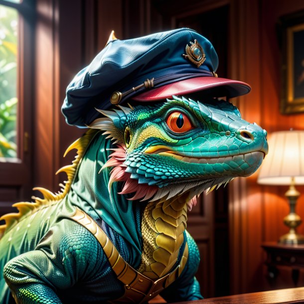 Photo of a basilisk in a cap in the house