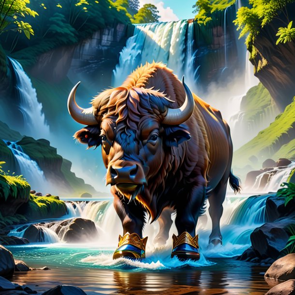 Picture of a buffalo in a shoes in the waterfall