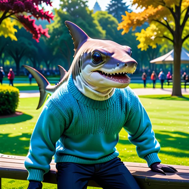 Pic of a hammerhead shark in a sweater in the park