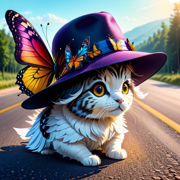 Drawing of a butterfly in a hat on the road