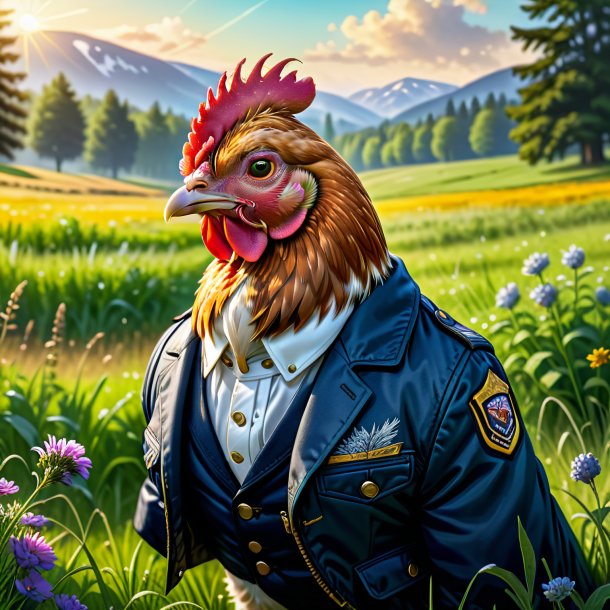 Illustration of a hen in a jacket in the meadow