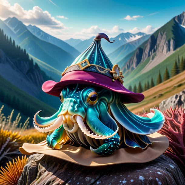 Image of a cuttlefish in a hat in the mountains