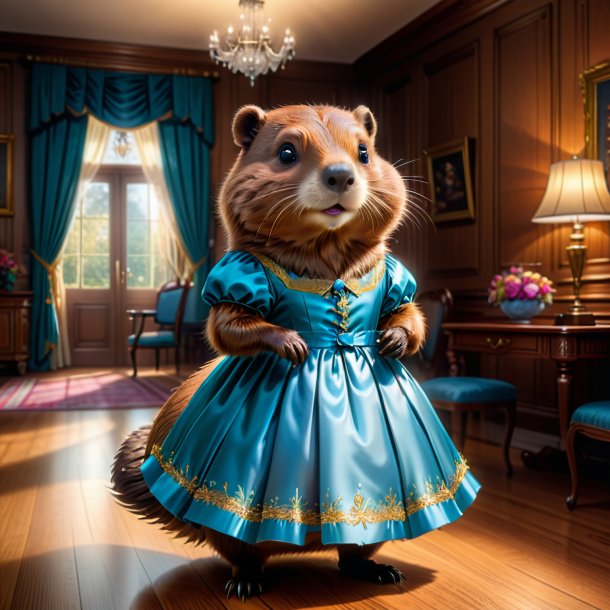 Drawing of a beaver in a dress in the house