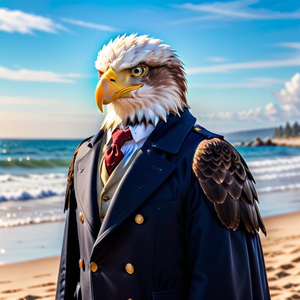 Picture of a eagle in a coat on the beach