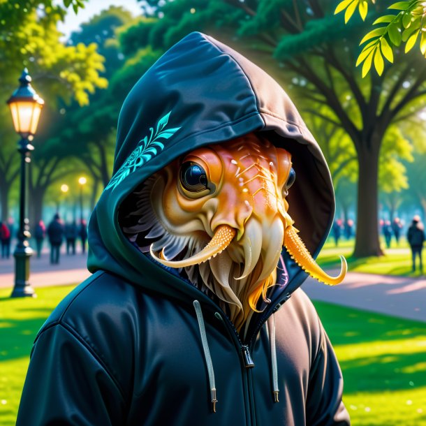 Picture of a cuttlefish in a hoodie in the park