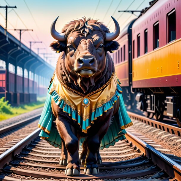 Foto de un búfalo en un vestido en las vías del tren