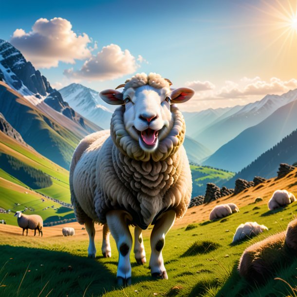 Image of a smiling of a sheep in the mountains