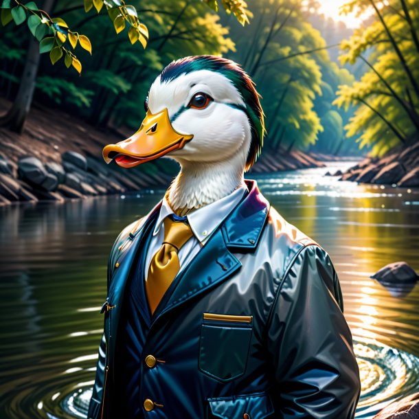 Illustration of a duck in a jacket in the river