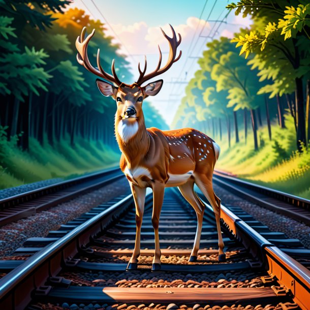 Illustration of a deer in a cap on the railway tracks