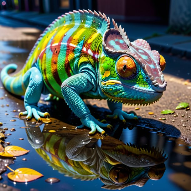 Foto de una comida de un camaleón en el charco